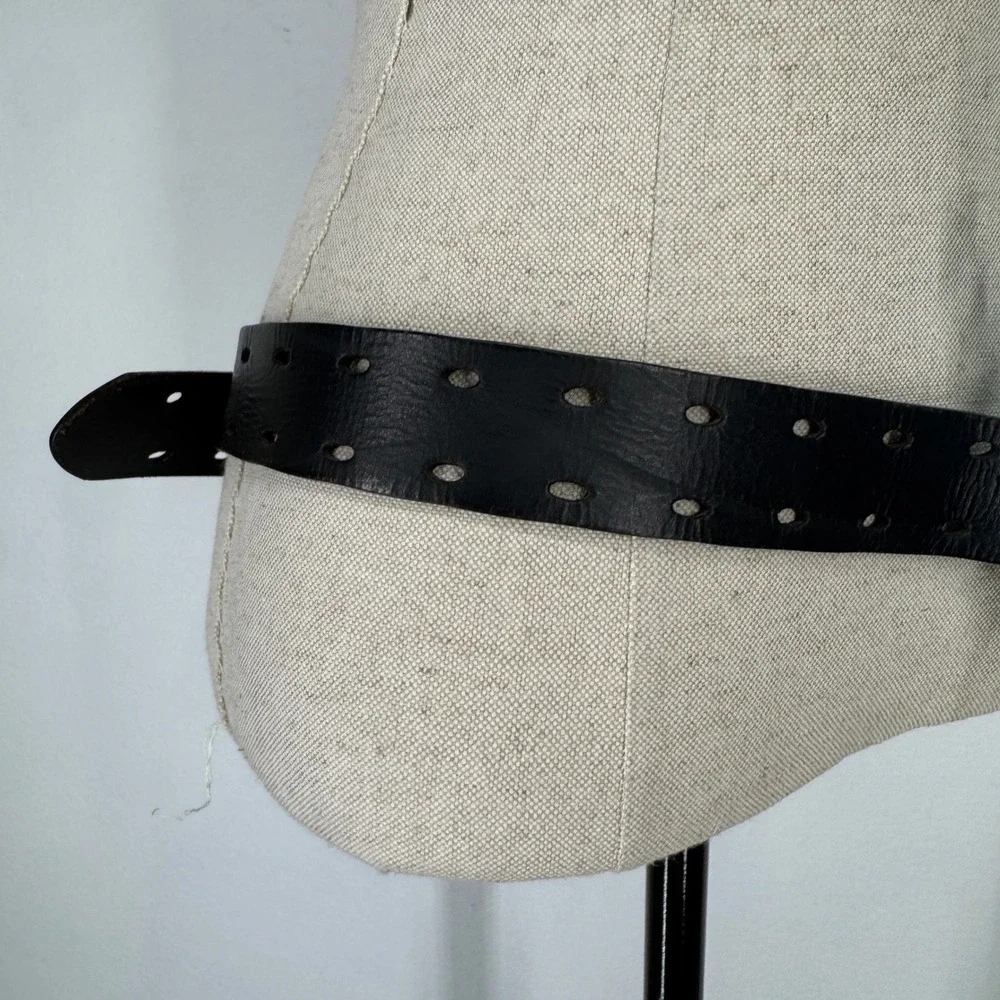 Womens Black Genuine Leather Double Prong Perforated Wide Belt 40 Square Buckle
